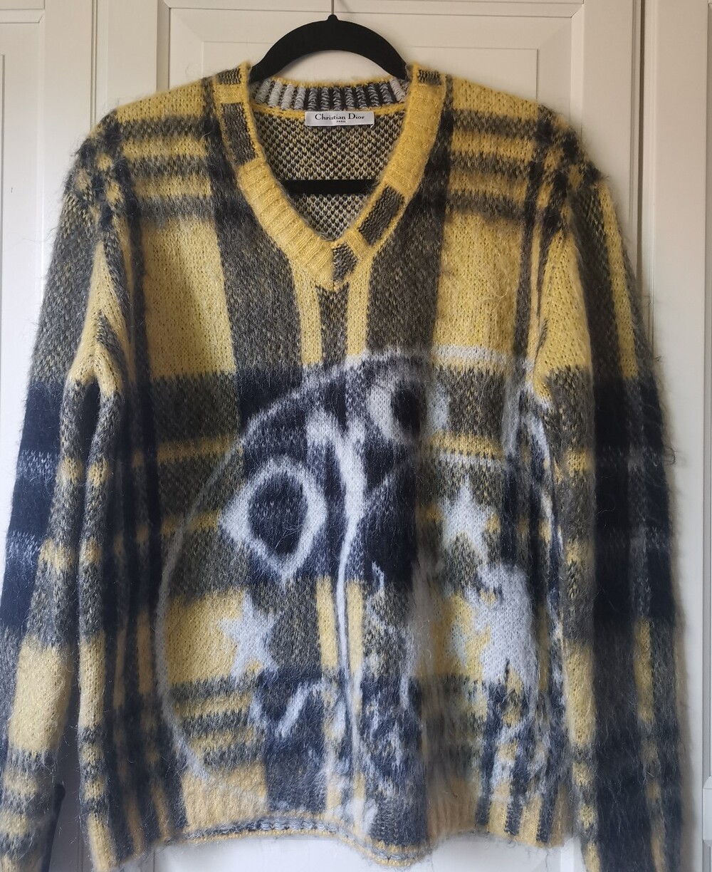 Christian Dior Yellow Mohair Plaid V-Neck Sweater FR 36 Small Runway Item